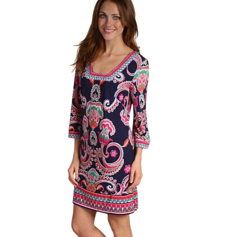 Laundry Shelli Segal Paisley Dress‎ Womens 3/4 Sleeve Square Neck Boho Chic